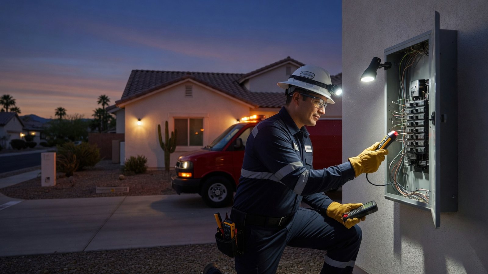 Emergency electrician safely diagnosing an electrical issue in Phoenix