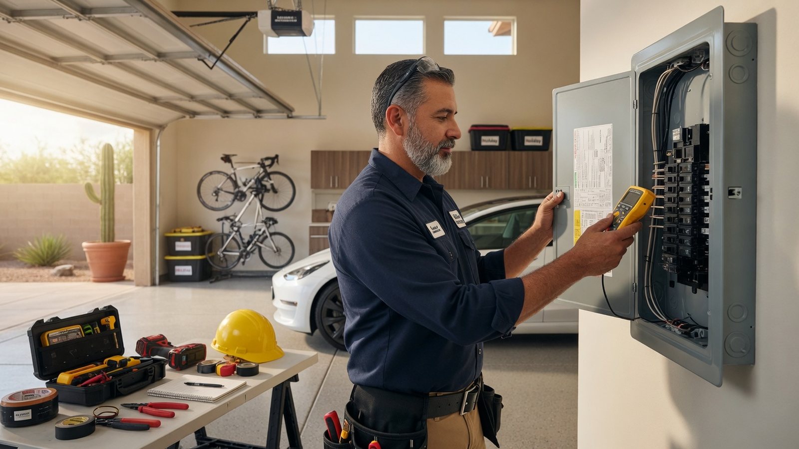 Electrician inspecting a modern residential electrical panel in Phoenix